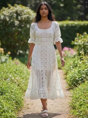 Self Portrait Scoop Neck Empire Waist Floral Lace Midi Dress Size 4 Ruffled